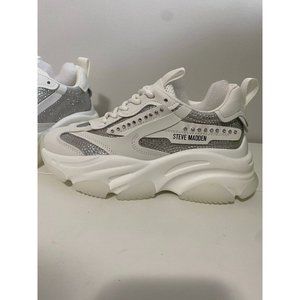 Steve Madden Possession White Rhinestone Embellished Lace Up Sneakers (Size 6)